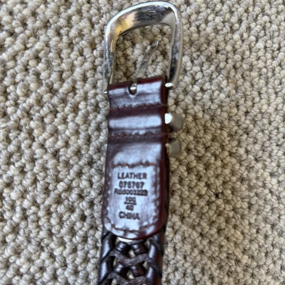 Mens Dark Brown Woven Braided Leather Belt Silver Buckle Metal Tip Size 40